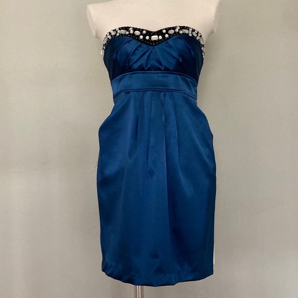 Strapless Royal blue satin cocktail dress w/ gems